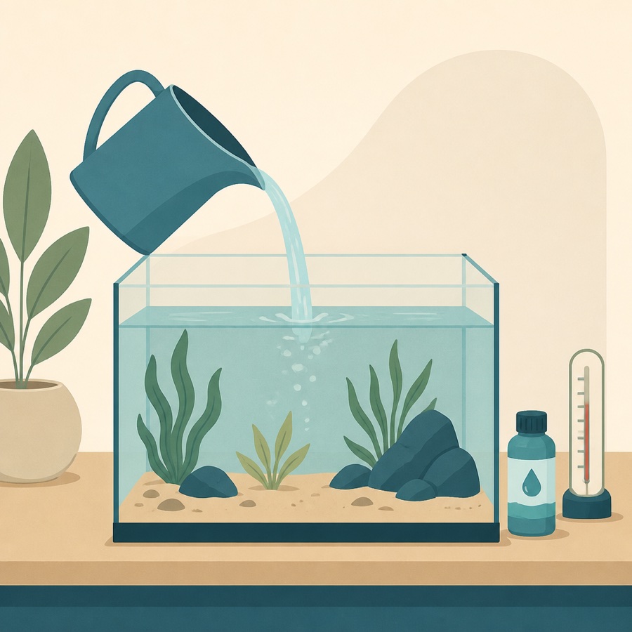 Illustration of water being poured into a tank beside a bottle of conditioner and a thermometer.