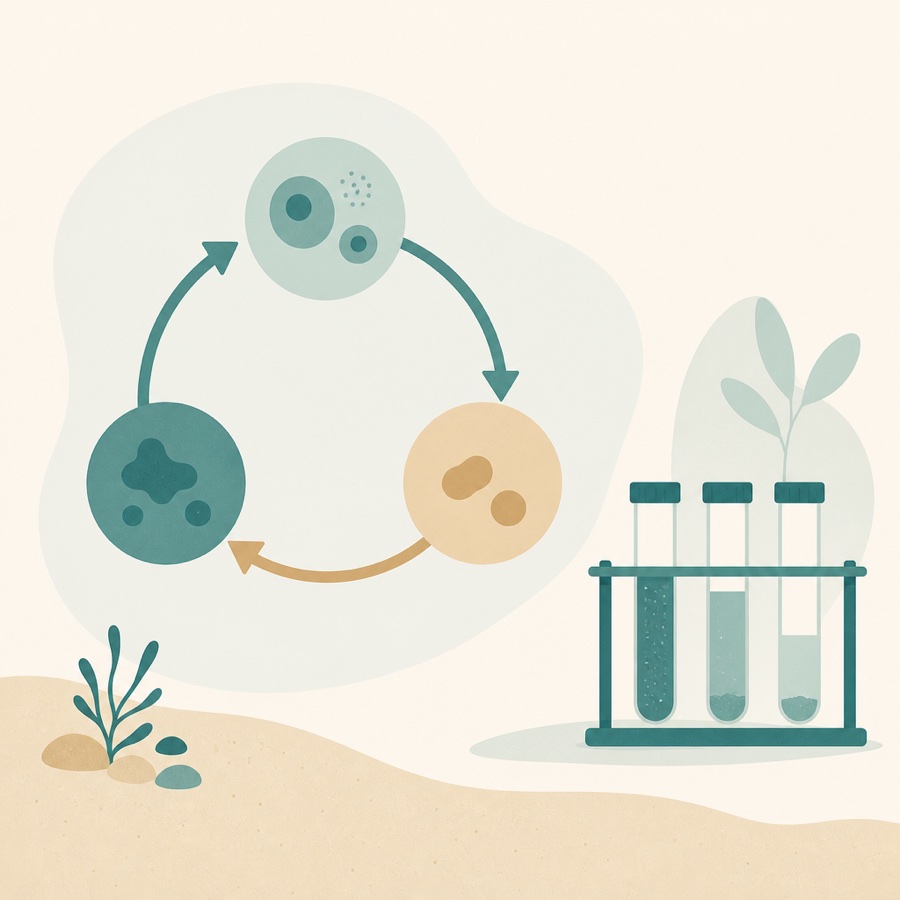Illustration of an abstract three-stage cycle in a loop, beside a rack of test vials.