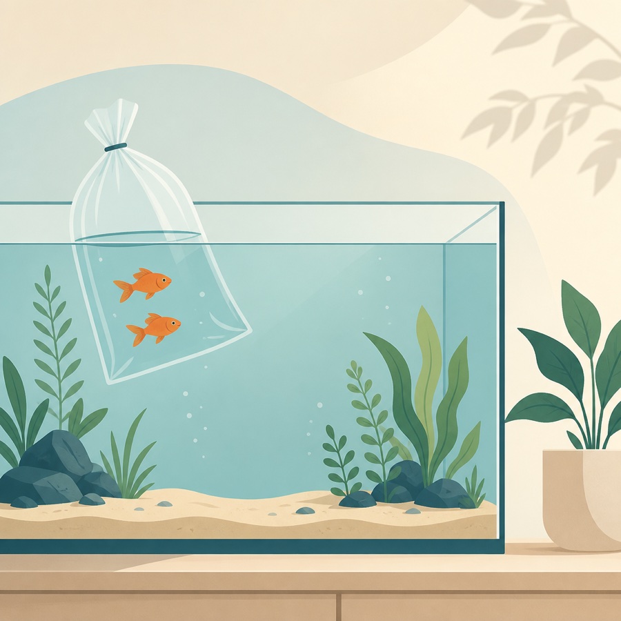 Illustration of two small fish being introduced from a floating bag into a planted tank.