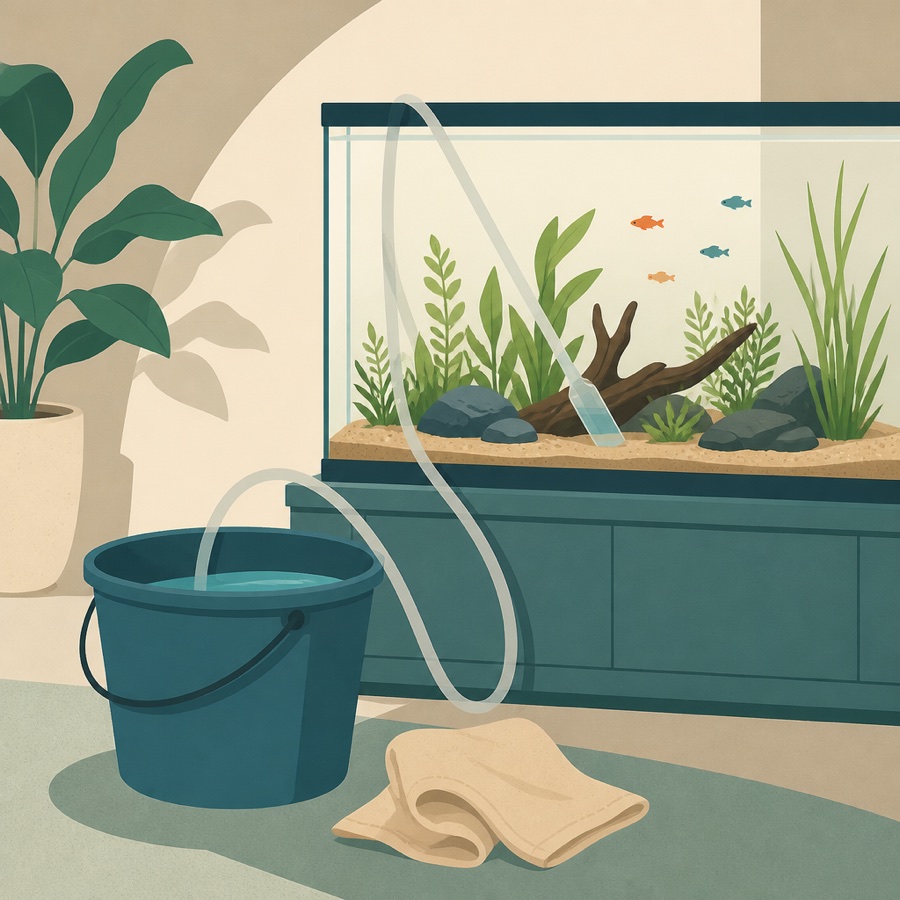 Illustration of a bucket, siphon hose and cloth beside a planted tank.