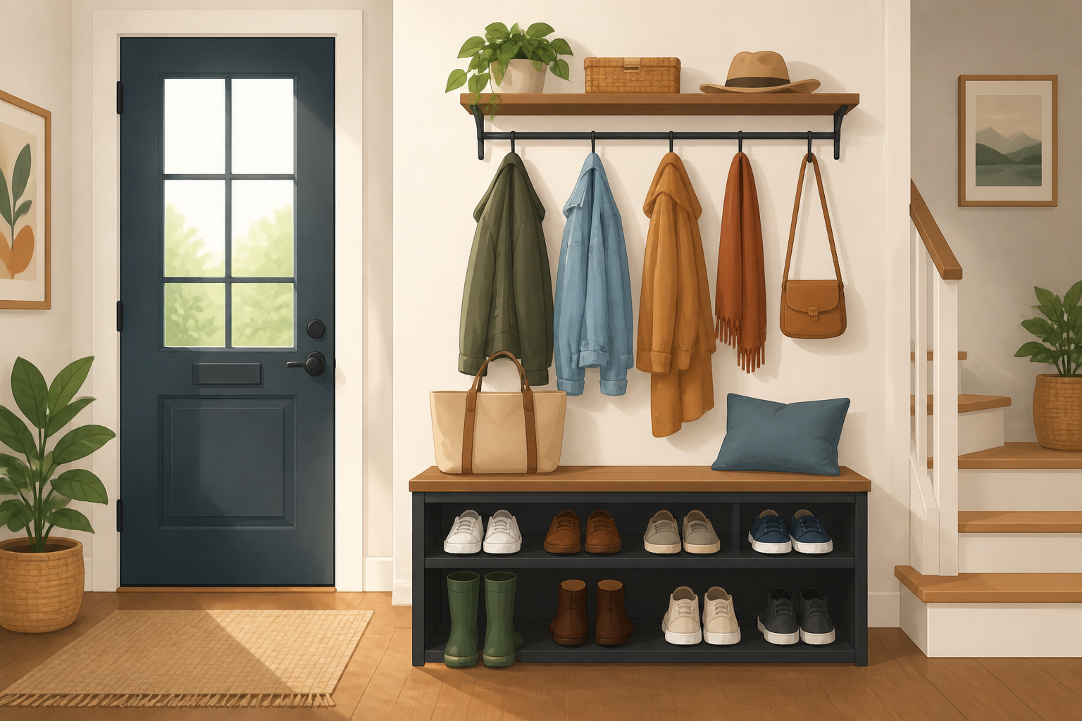 clean entryway with organized shoes and coat rack