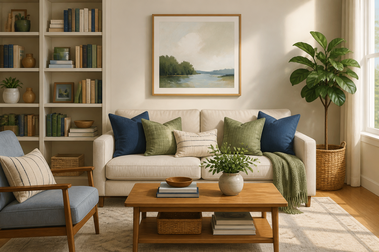 tidy living room with organized books and fluffed pillows