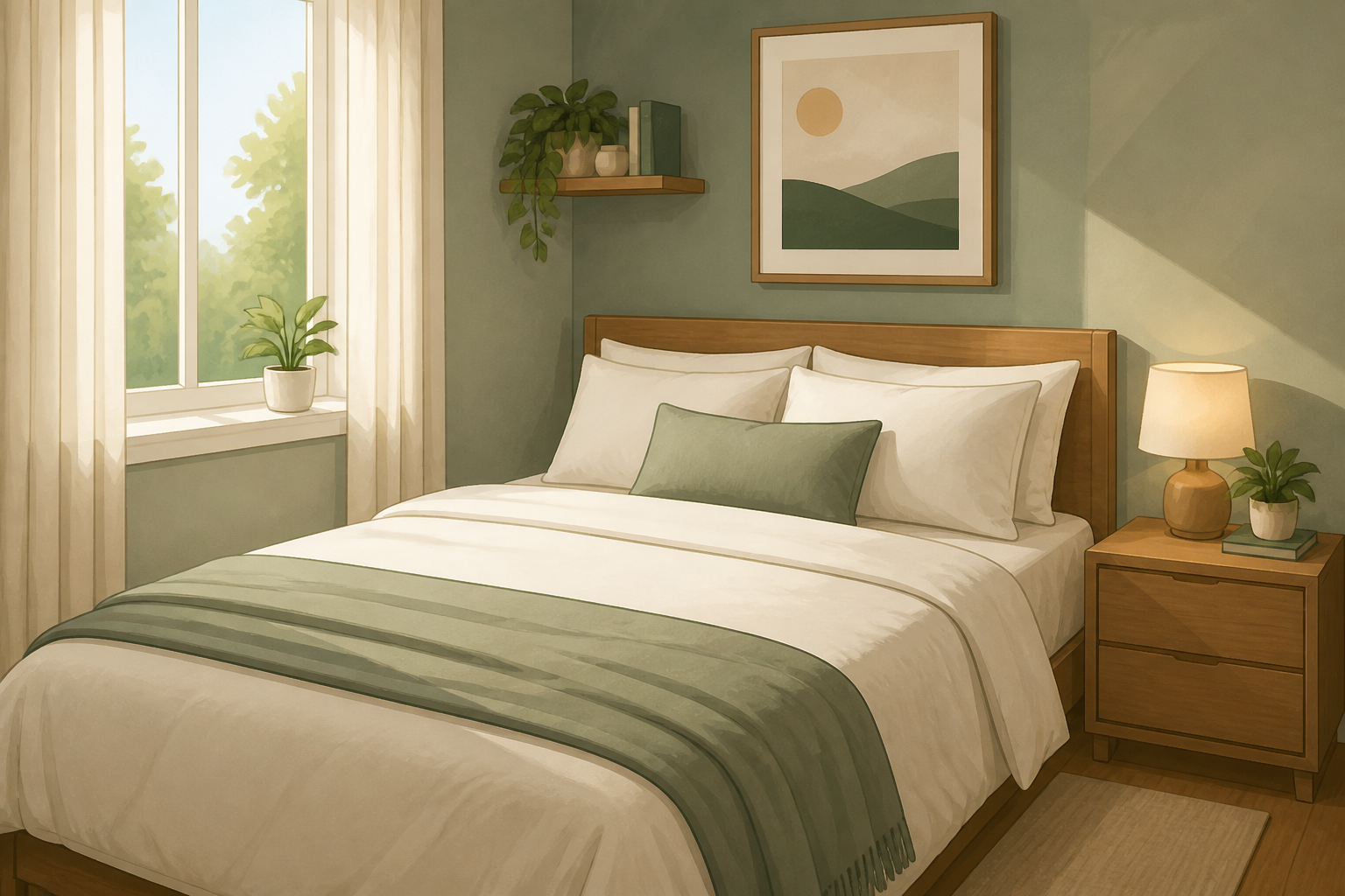 neatly made bed in a small bedroom
