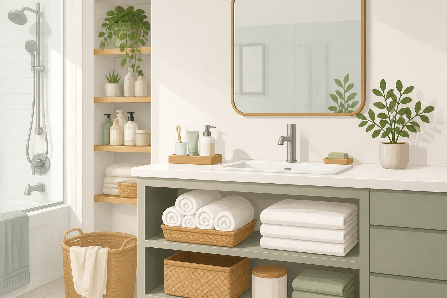 clean bathroom with organized toiletries and fresh towels