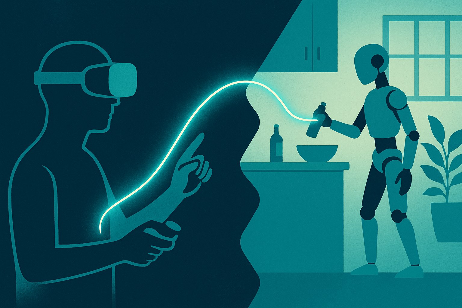 Illustration depicting the concept of remote human teleoperation of a home robot.
