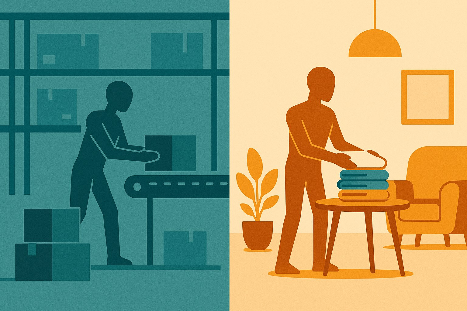 Illustration contrasting a robot working in a warehouse versus a robot working in a home.