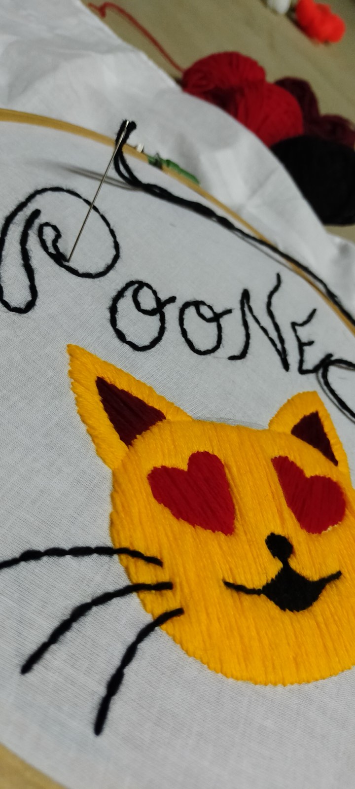 Close-up of hand embroidery in progress on fabric, a real photograph, referencing No Sesso's signature hand-embroidered garments.