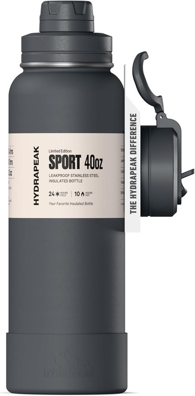 Hydrapeak 40oz Sport Insulated Water Bottle with Straw & Chug Lid, Leak & Spill Proof, Keeps Drinks Cold for 24 Hours, Premium Stainless Steel (Grey Matter)