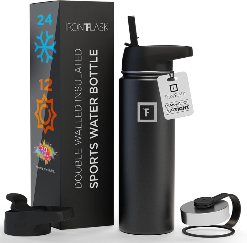 IRON °FLASK 40 oz Wide Mouth Water Bottle with Straw | Insulated Stainless Steel Sports Water Bottle with Leakproof Straw Lid - BPA Free, Cold 24 Hrs, Sweat Free (Midnight Black)