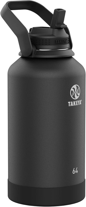 Takeya 64 oz Actives Stainless Steel Water Bottle with Straw Lid – Leakproof, Double-Wall Insulated, Keeps Drinks Cold 24 hrs/Hot 12 hrs, BPA-Free, Powder-Coated, Gym & Travel, Onyx