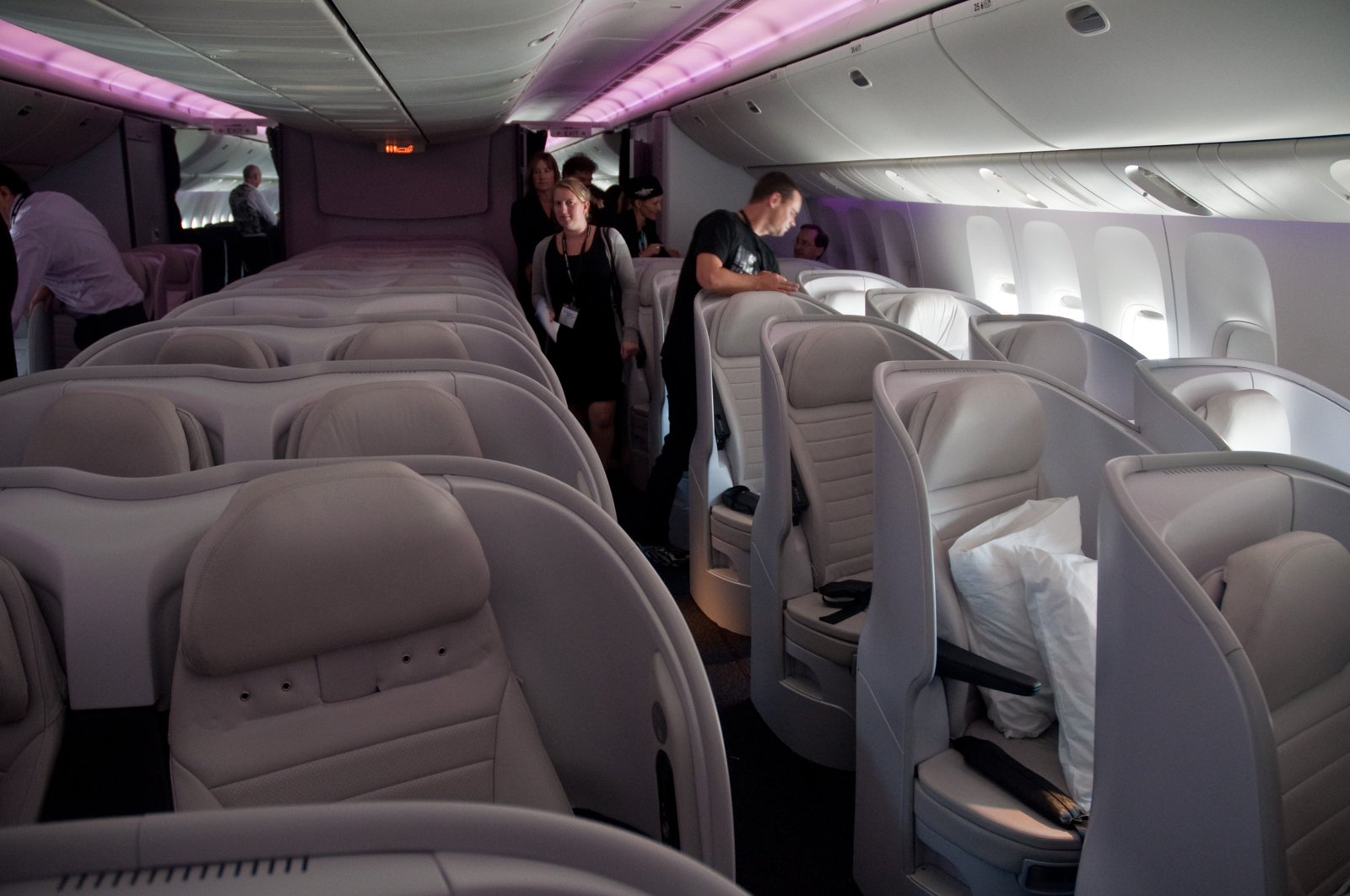 A premium economy cabin aboard a widebody aircraft