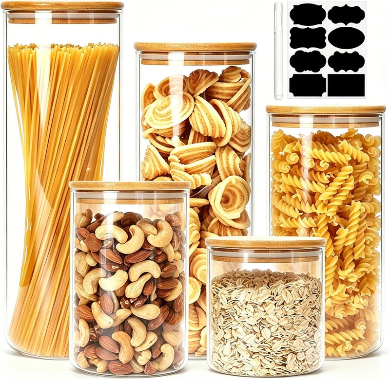 5 Pack Airtight Glass Jars with Bamboo Lids, Glass Food Storage Containers | Glass Caniste