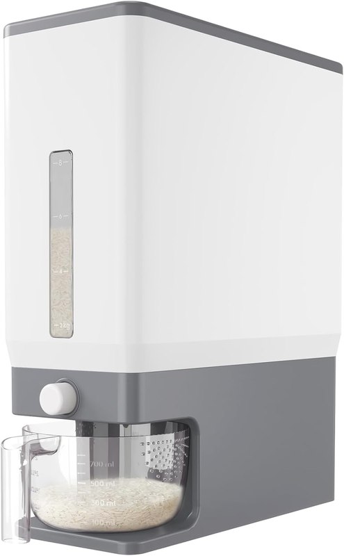 Lifewit Rice Dispenser 25 Lbs, Airtight Storage with Measuring Cup, Grey | BPA-Free 11.3kg Capacity Storage Container for Beans, Corn & Other Small Grains, One-Press Dispensing Bin for Kitchen Pantry