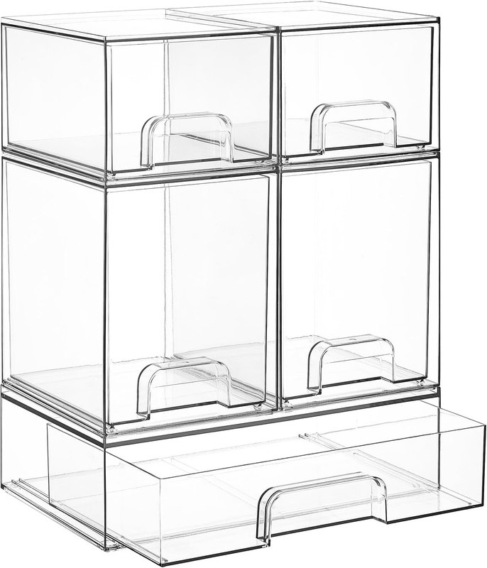 Vtopmart Clear Stackable Storage Drawers Set of 5, Plastic Organizer Bins | Multi-purpose Boxes for Baby Bottle Storage, Ideal for Kichen, Vanity, Bathroom, Undersink, Cabinet, Pantry Organization