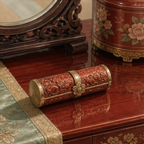 Illustration of an ornate lacquered surface with a carved cylindrical lipstick case.