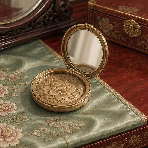 Illustration of an engraved compact lying open on silk.