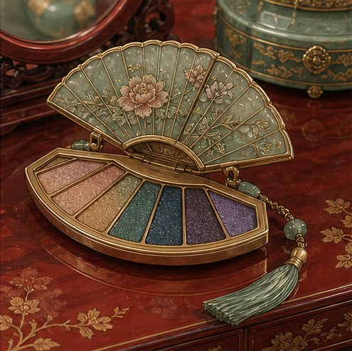 Illustration of an ornate lacquered dressing table with a decorative fan-shaped eyeshadow palette.