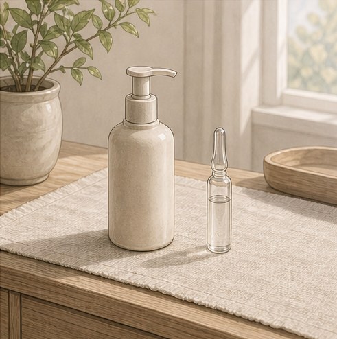 Illustration of a minimal pale dressing table with a plain pump bottle and a glass ampoule.