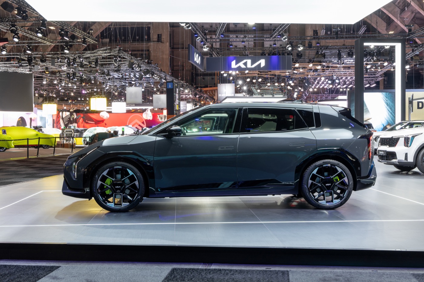 Kia EV4 GT exterior, official Kia press photography, motor show static shot.