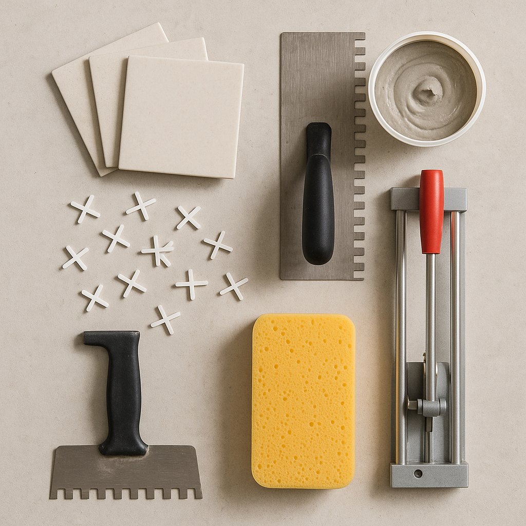 Flat lay of tile installation supplies: trowel, spacers, tile cutter, grout, sponge