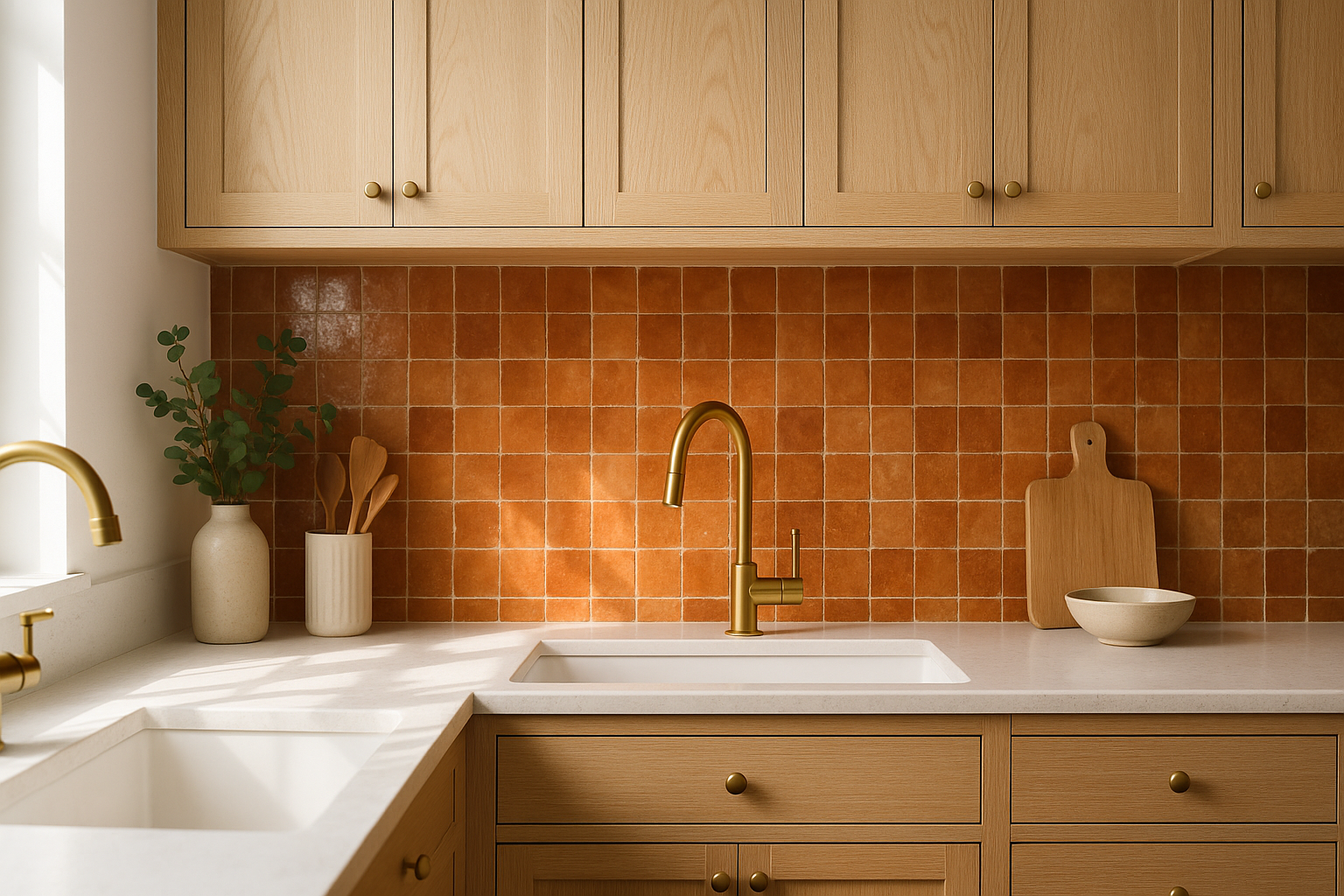 Kitchen with a warm terracotta zellige tile backsplash and brass fixtures