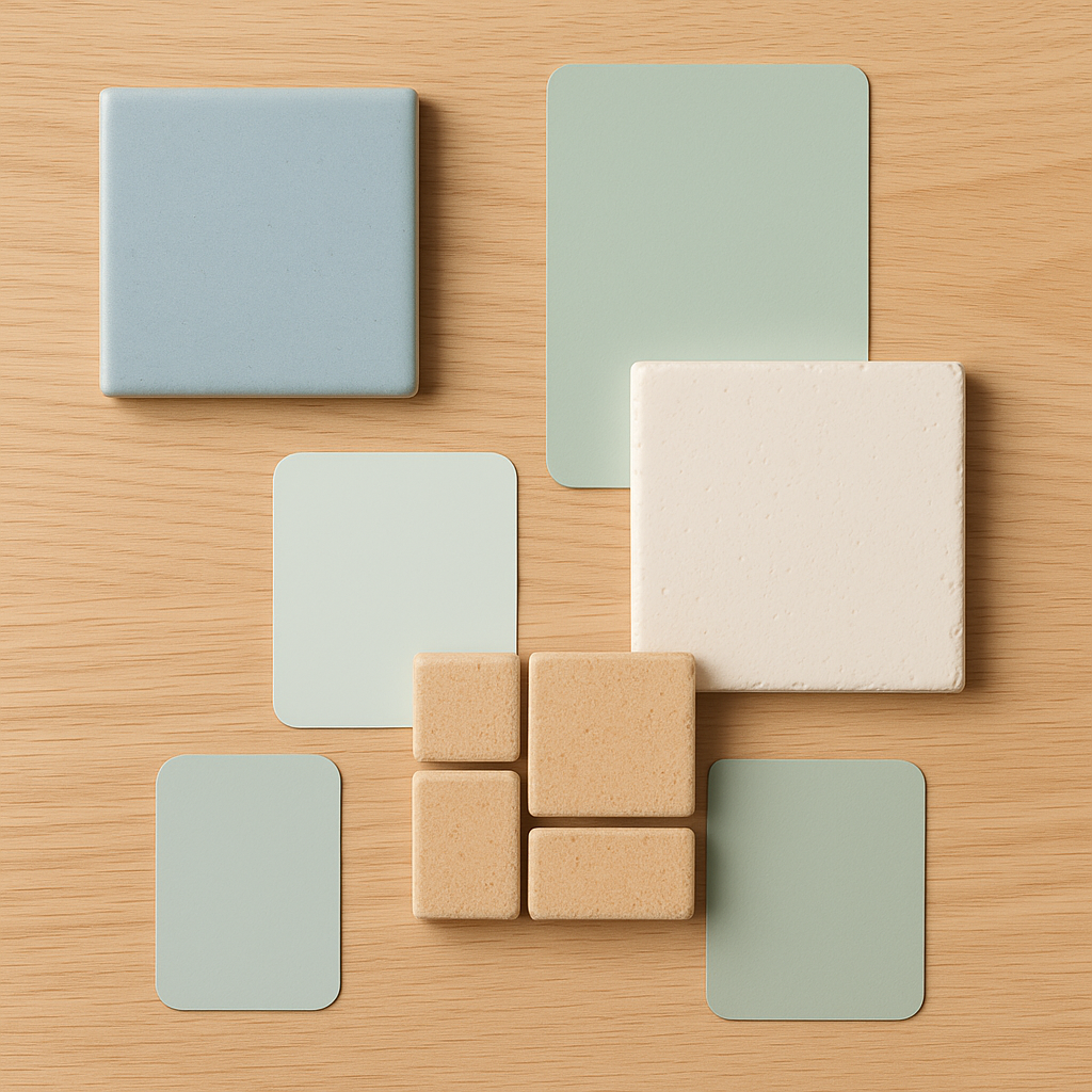 Cool coastal color palette mood board: soft blue, sea glass green, chalky white, sand