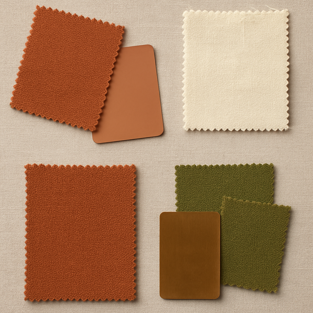 Earthy warm color palette mood board: terracotta, clay, cream, olive green, brass