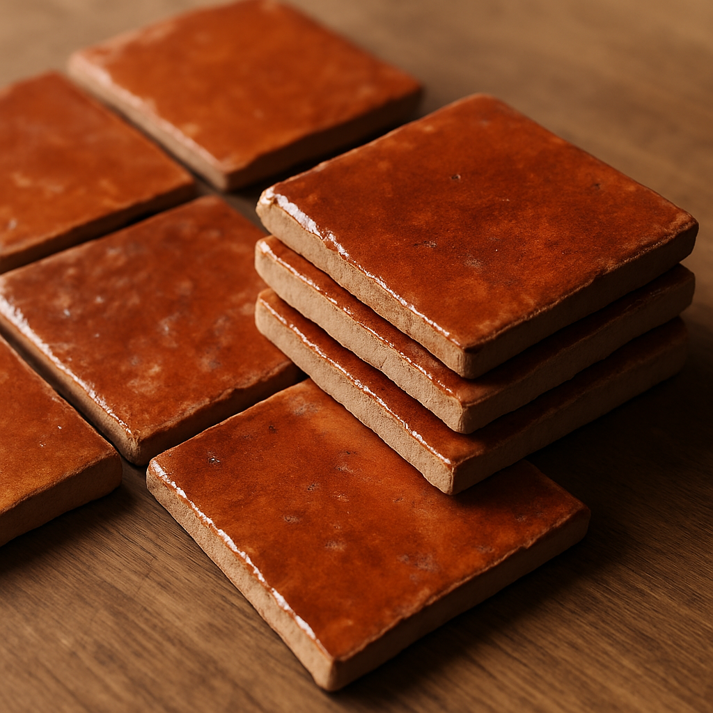 Stack of handmade zellige ceramic tiles in warm terracotta and rust tones