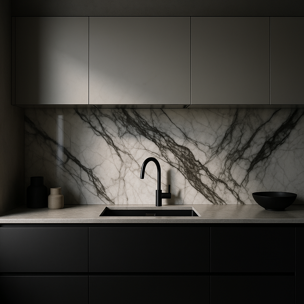 Kitchen with a full-height polished marble slab backsplash with dramatic veining