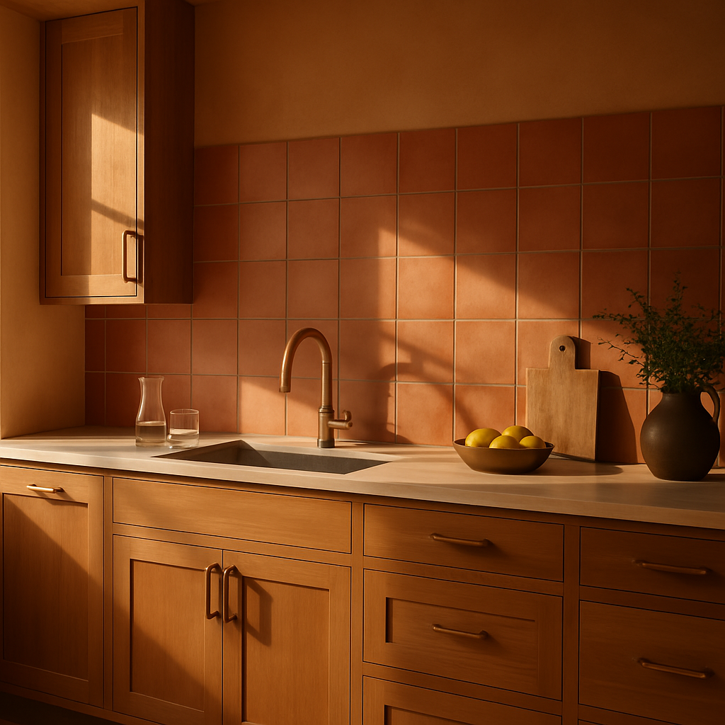 Kitchen with large-format matte terracotta tile backsplash in a grid pattern