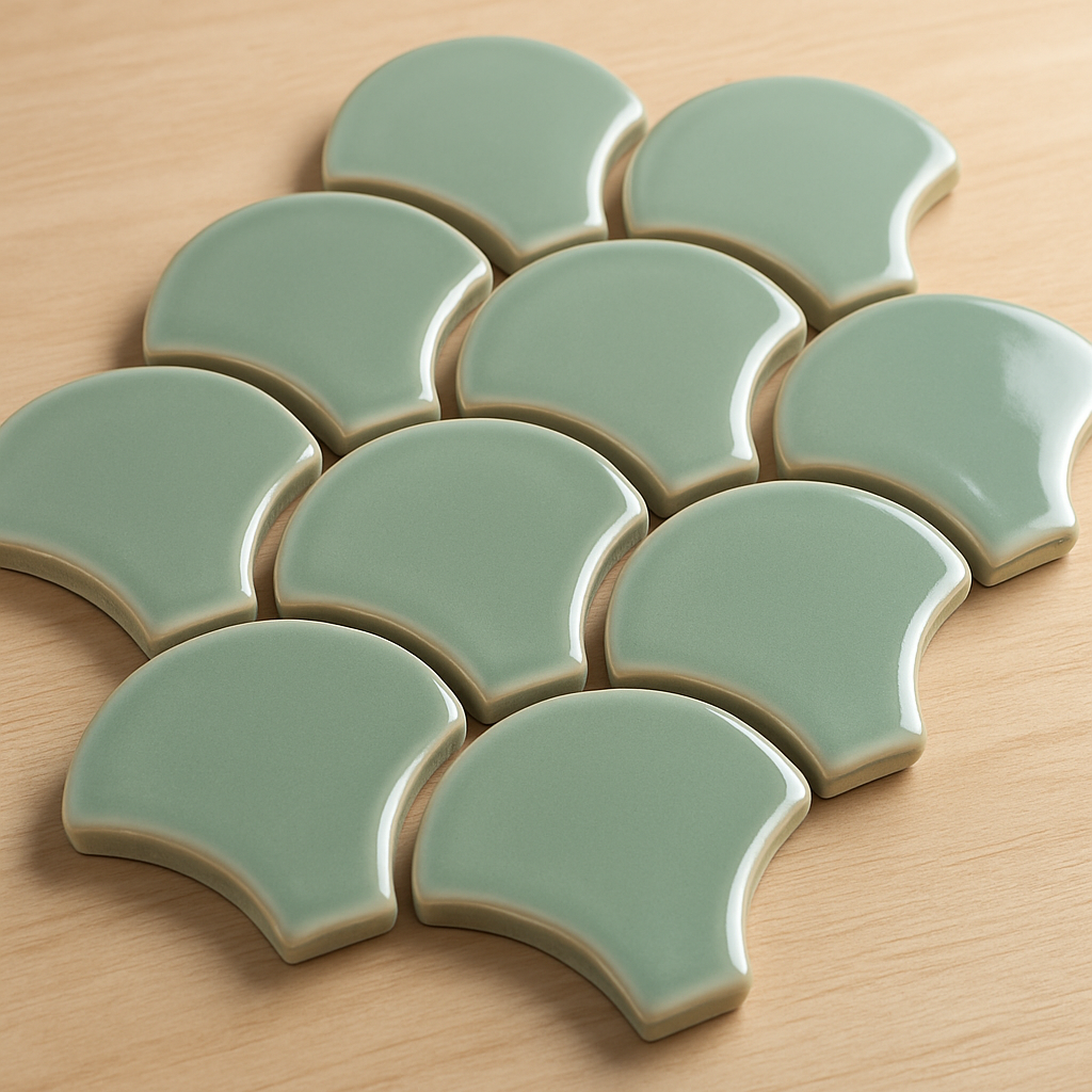 Scalloped fish-scale shaped ceramic tiles in soft sage green