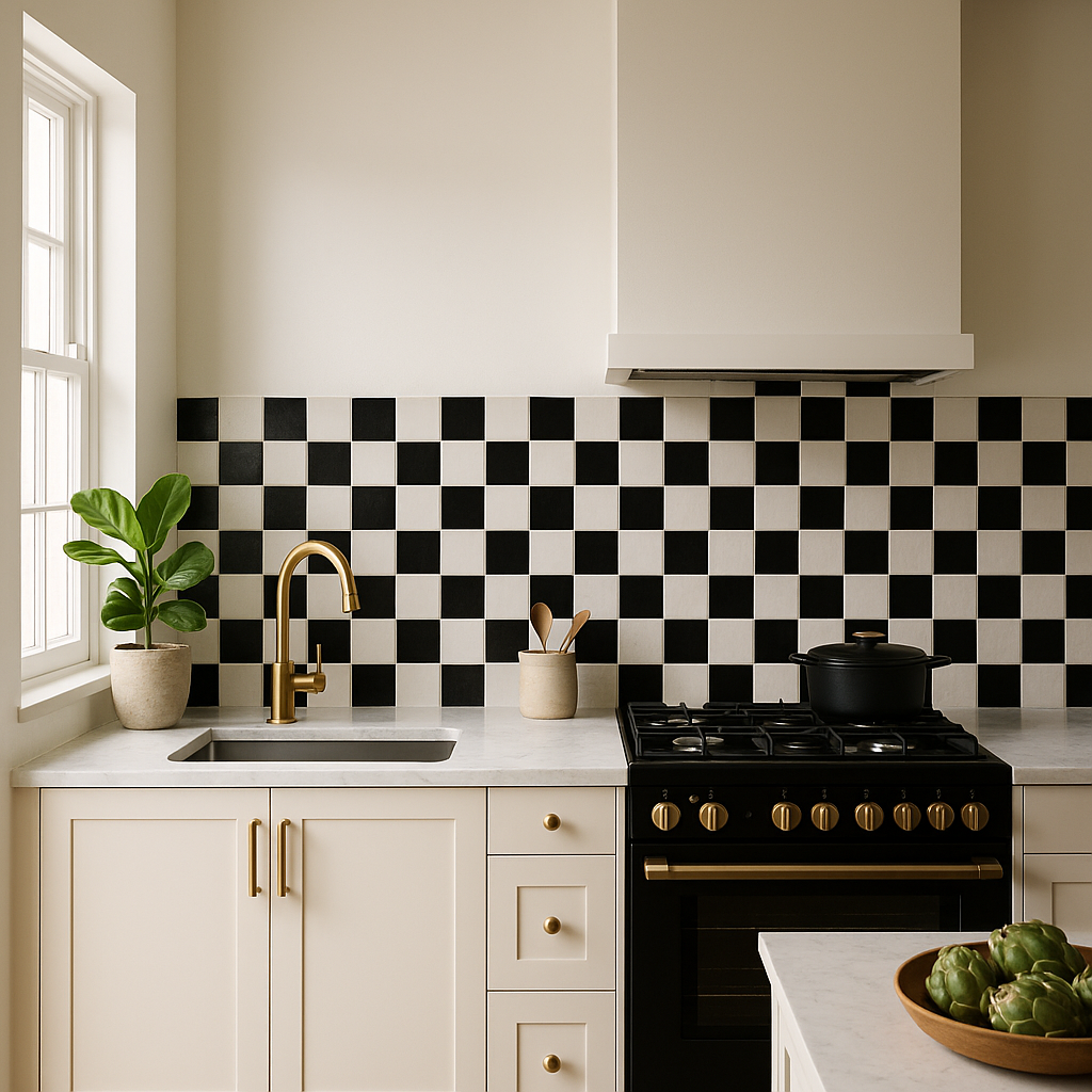 Kitchen with a black and white checkerboard tile backsplash