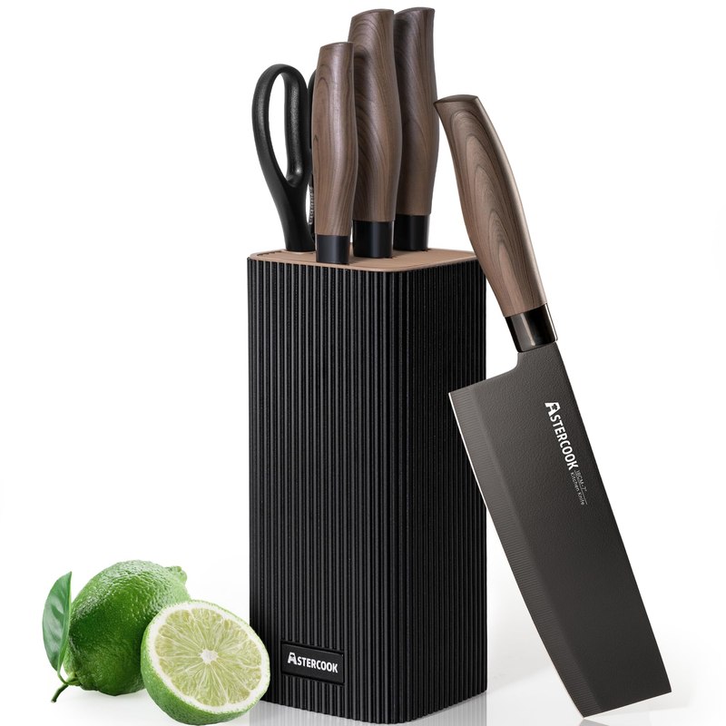 Astercook Knife Set, 6-Piece Kitchen Knife Set with Block, High Carbon Stainless Steel Ultra Sharp Kitchen Knives, Wood Grain Handle, Dishwasher Safe Knife Block Set, Khaki, Kitchen Utility Knives