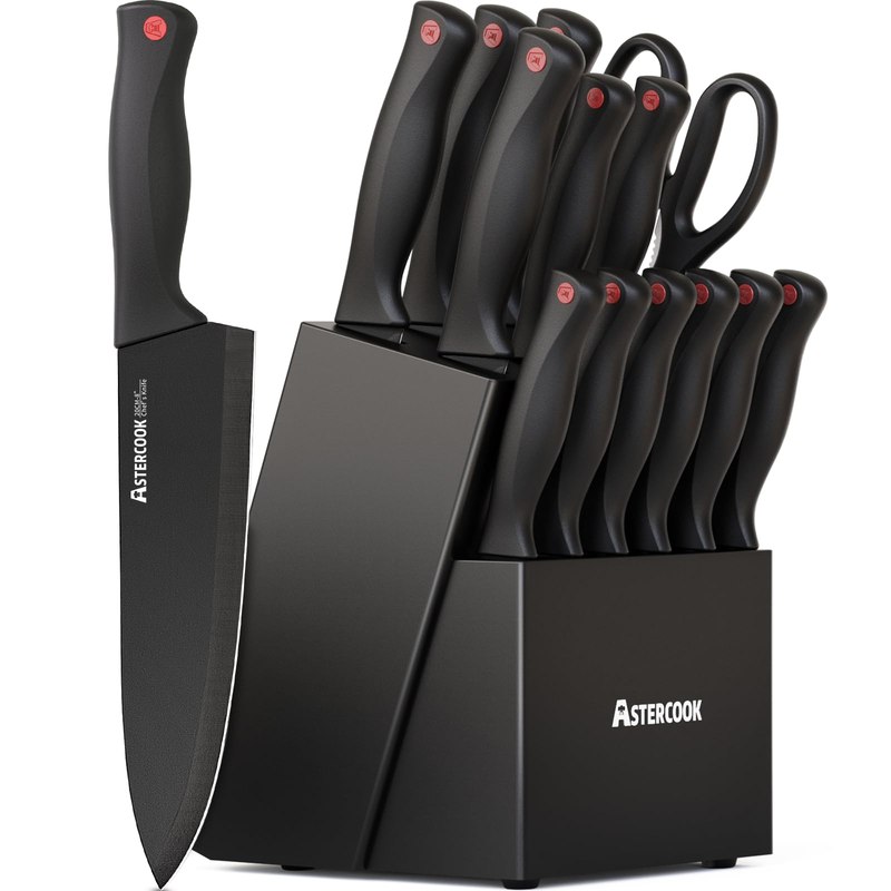 Astercook Knife Set for Kitchen with Block and Sharpener 15pcs German