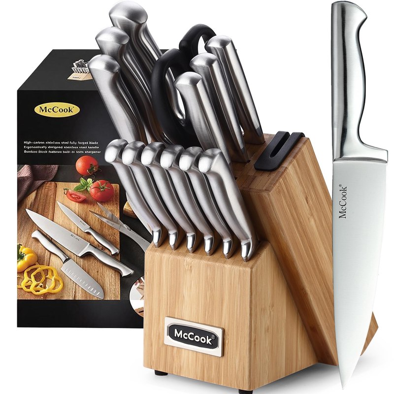 McCook Knife Set Kitchen Steel Knife Block Set w Built-in Sharpener
