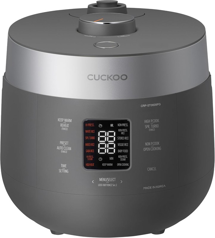 CUCKOO Twin Pressure Rice Cooker, 12-Cup Cooked, Gray, CRP-ST0609FG | 6-Cup Uncooked Capacity, Nonstick Inner Pot, 14 Cooking Modes, Super Turbo Rice in 14-21 Minutes, Auto Clean, Made in Korea