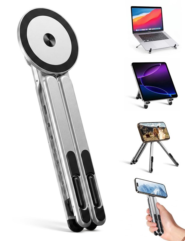 werfami 4-in-1 Foldable Laptop Stand & Magnetic Phone Holder, Silver Aerospace Aluminum Portable Desk Mount with N52 MagSafe Compatible Tripod Handle for MacBook Pro, iPad, Travel & Vlogging