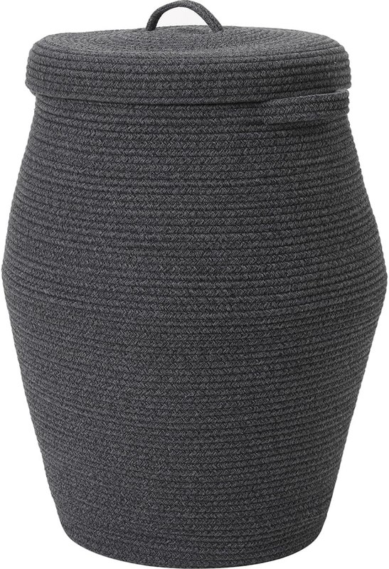 26"x20" Extra Large Tall Woven Laundry Basket with Lid, Cotton Rope Blanket Storage Basket, Freestanding Decorative Bin for Bedroom Living Room, Black & Grey Mix