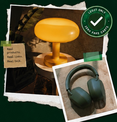 Product collage featuring a lamp and headphones