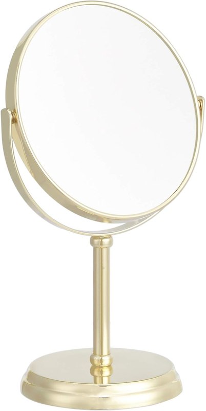 Amazon Basics 360° Rotation Double Sided Vanity Mirror, 1X/5X Magnification, Tabletop Mount, Iron Frame, 7.2"L x 4.92"W, Gold