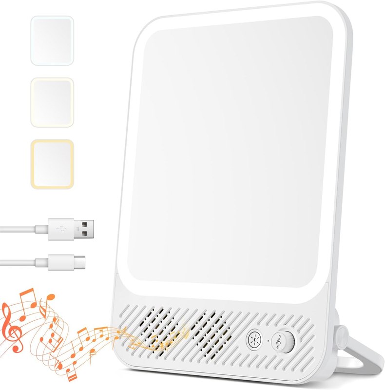 Auxmir Lighted Makeup Mirror with Speaker, 3 Color Dimmable Vanity Mirror | 76 LEDs, 3-Color Dimmable, Memory Fouction, 190° Folding Stand, 4000mAh Rechargeable, Portable for Tabletop/Hanging/Travel