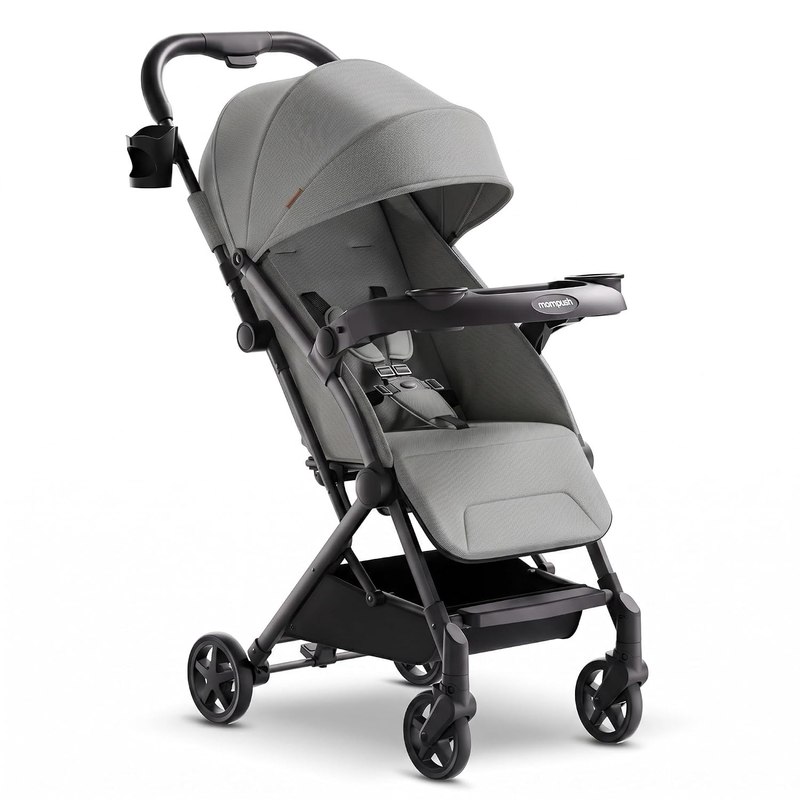 Mompush Lithe V2 Lightweight Travel Stroller Snack Tray Included, Grey | Compact baby stroller, airplane-ready, one-hand fold, mechanical recline seat, UPF 50+ canopy, travel bag & rain cover