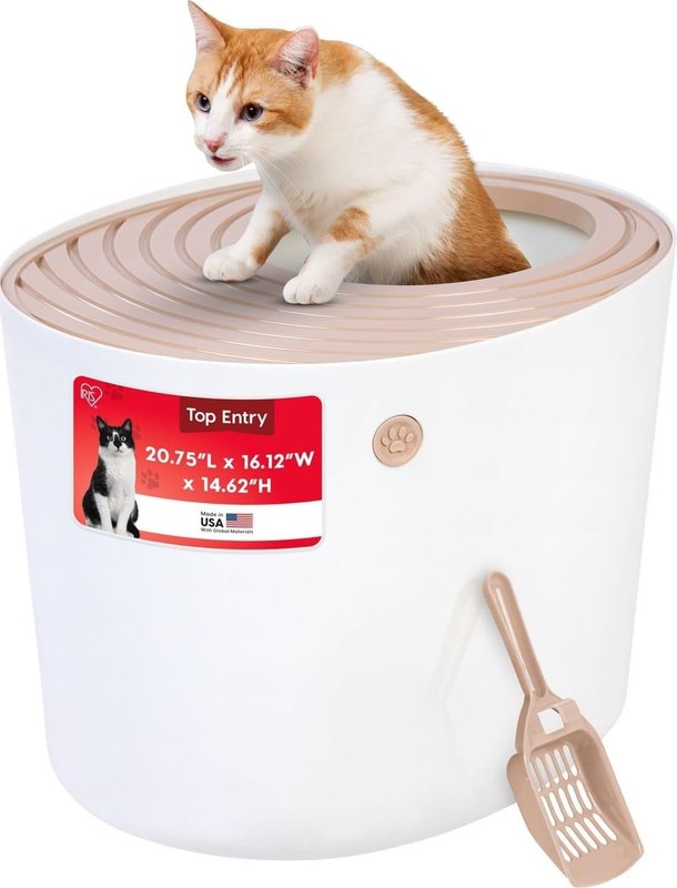 IRIS USA Large Top Entry Cat Litter Box, Hooded Privacy, Beige/White | Multi-Cat Households, Enclosed Top Access, Protected Interior, Mess Containment System, Odor Trapping, Reduced Tracking
