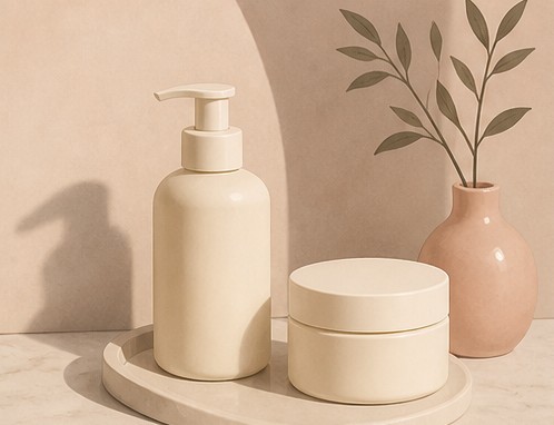 Illustration of an unbranded pump bottle and jar on a tray.