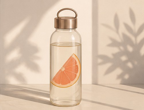 Illustration of a glass water bottle with a citrus slice.