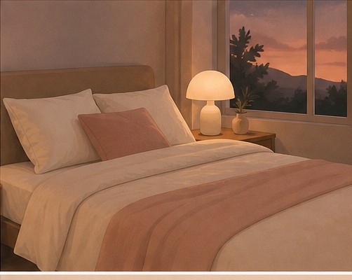 Illustration of a made bed with a bedside lamp at dusk.