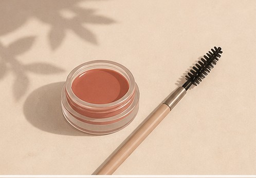 Illustration of a small pot of tinted balm and a brow brush.