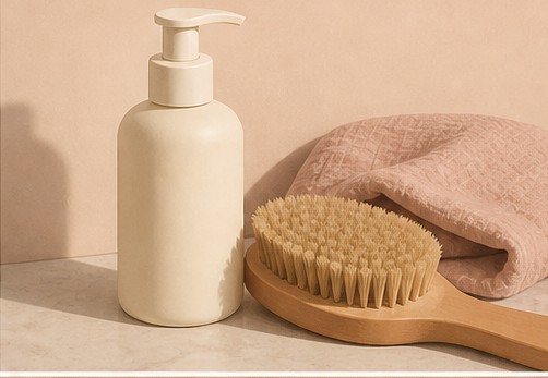 Illustration of an unbranded lotion bottle beside a dry brush and folded towel.