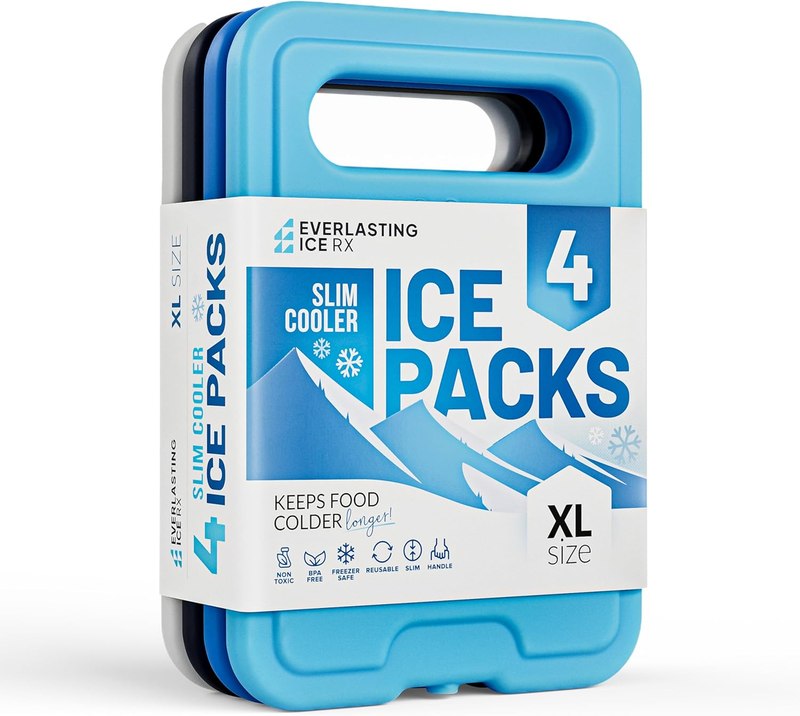 Reusable XL Slim Ice Packs for Lunch Boxes with Handle (4 Pack) BPA Free Freezer Packs | 6.5 x 4.5 in | Long Lasting Ice Pack for Insulated Bags, Picnic, Travel, and More