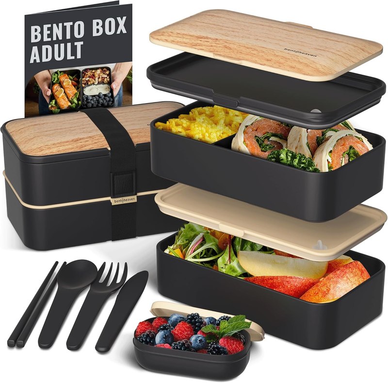 Bentoheaven Bento Box Adult, Stackable Lunch Box, 40 oz, Symph Onyx | BPA-free, leakproof and microwave-safe with 2 compartments, utensils, chopsticks, divider and sauce cup for men and women.